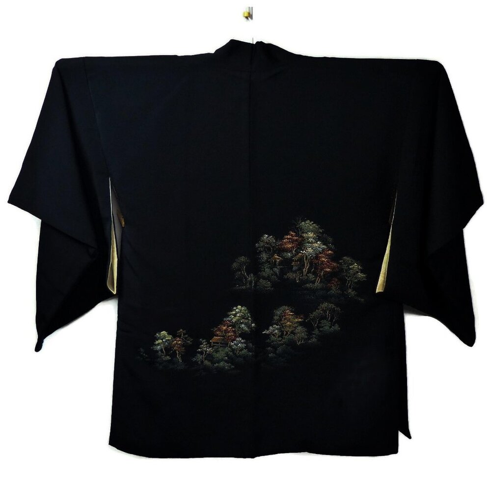 Vintage Black Silk Haori Kimono Jacket Cozy Houses & Trees Metallic Landscape